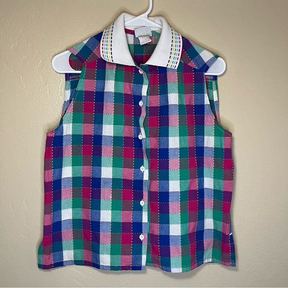 Vintage 90s Koret Francisca Multicolor Plaid Button Up Sleeveless Shirt Read